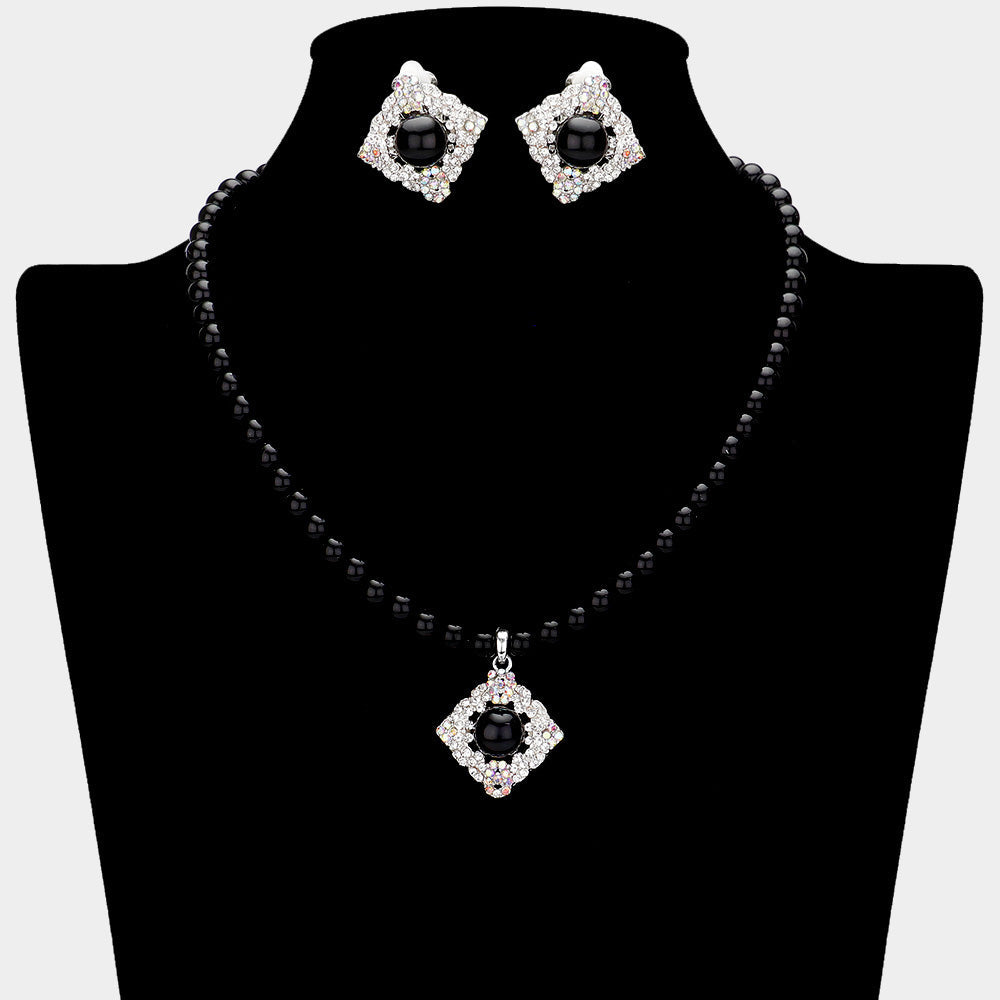 Madeline Love Black, Silver Pearl Centered Stone Paved Pendant Pointed Necklace - Necklaces