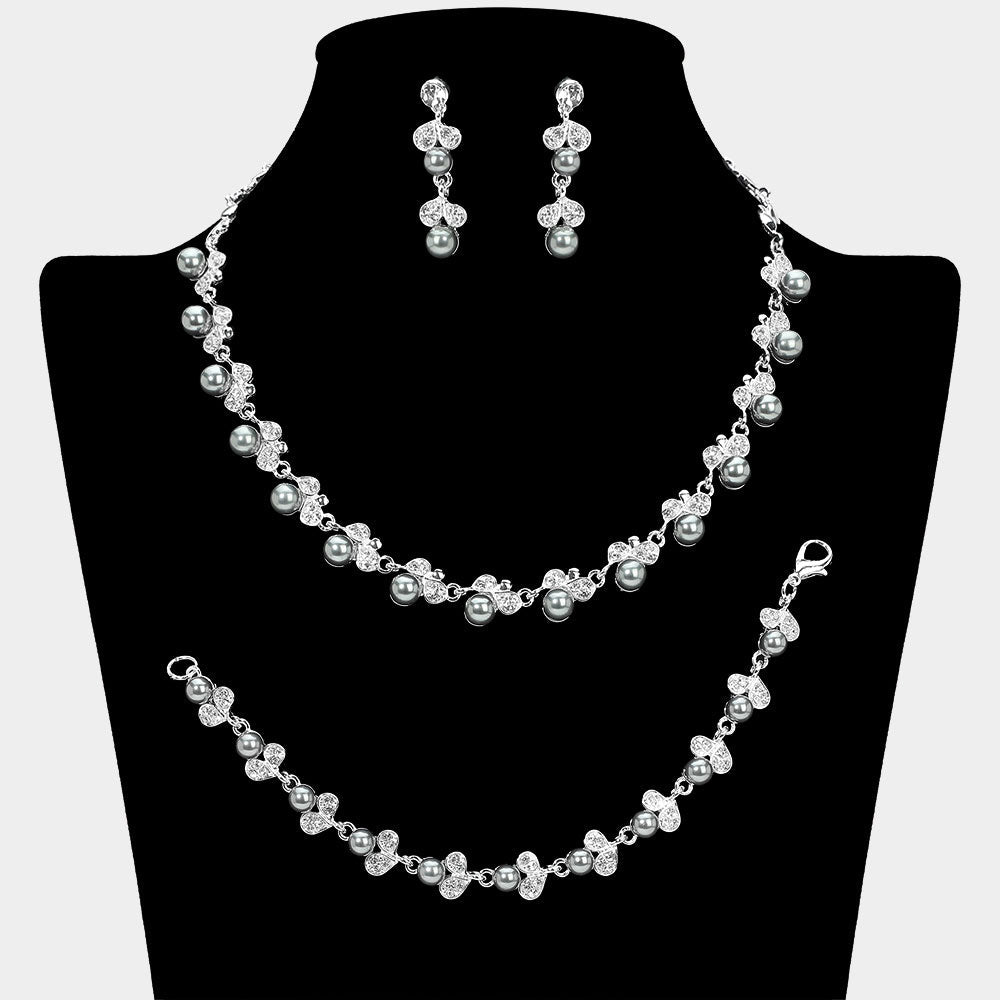 Madeline Love Hematite, Silver Pearl Rhinestone Jewelry Set - Necklaces