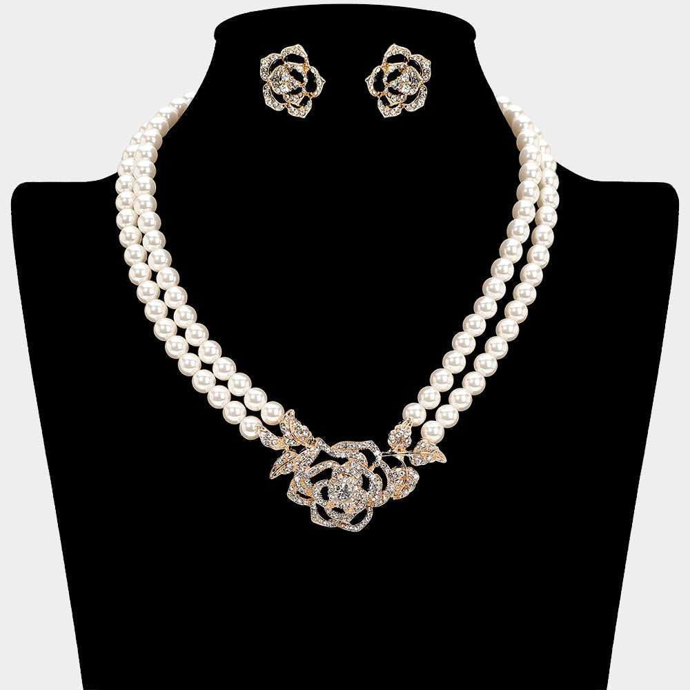 Madeline Love Cream, Gold Rhinestone Paved Rose Pendant Double Layered Pearl Necklace - Necklaces