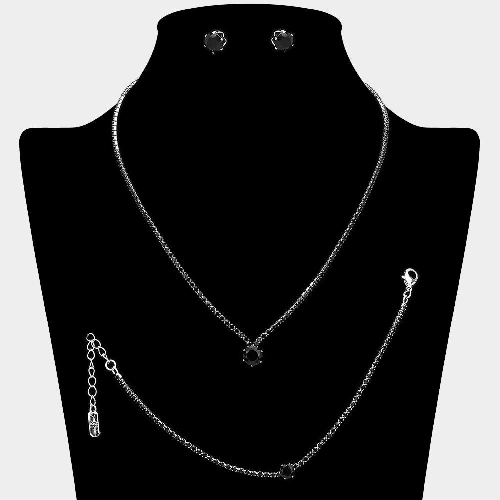 Madeline Love Black, Silver Round CZ Stone Accent Rhinestone Paved Jewelry Set