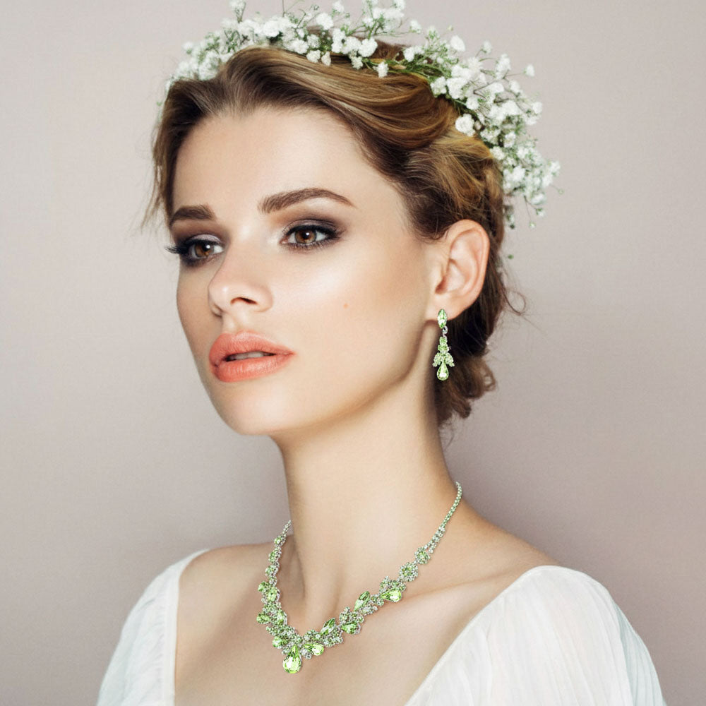Madeline Love Green, Light, Silver Teardrop Stone Cluster Flower Embellished Necklace - Jewelry