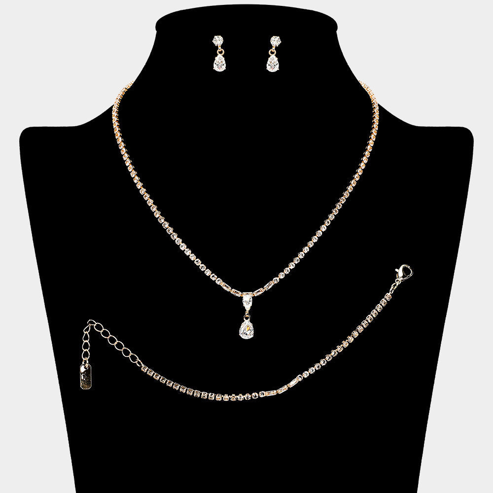 Madeline Love Clear, Gold Teardrop Stone Cluster Pendant Pointed Rhinestone Paved Jewelry Set