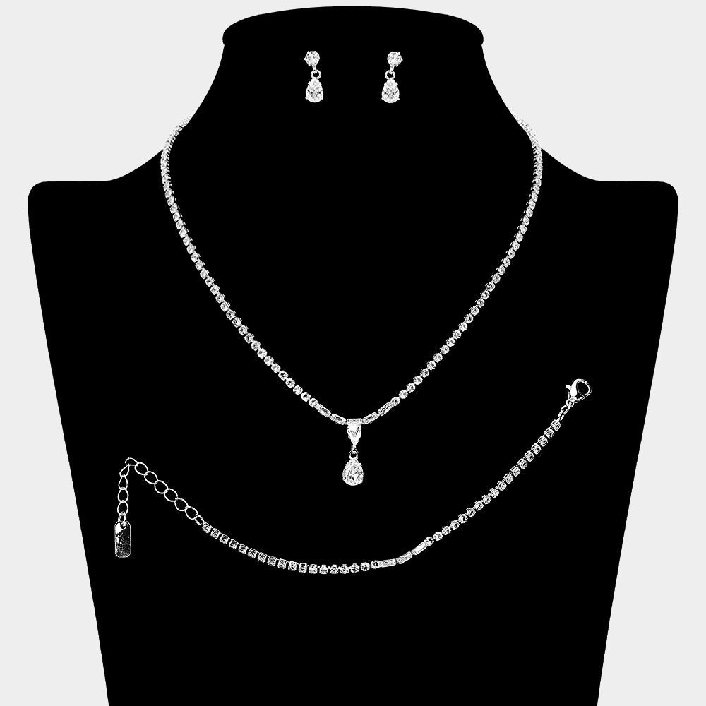 Madeline Love Clear, Silver Teardrop Stone Cluster Pendant Pointed Rhinestone Paved Jewelry Set