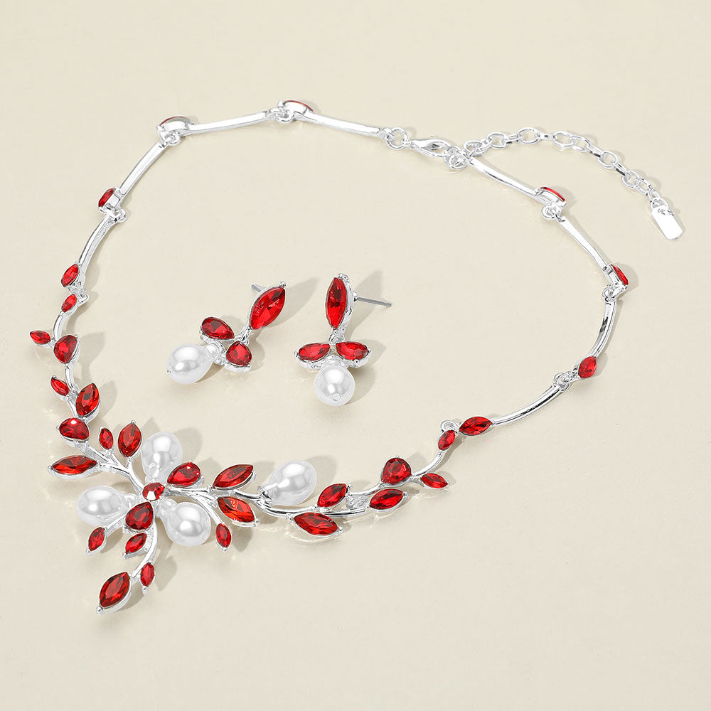 Madeline Love Red, Silver Marquise Stone Cluster Pearl Embellished Leaf Branch Necklace - Necklaces