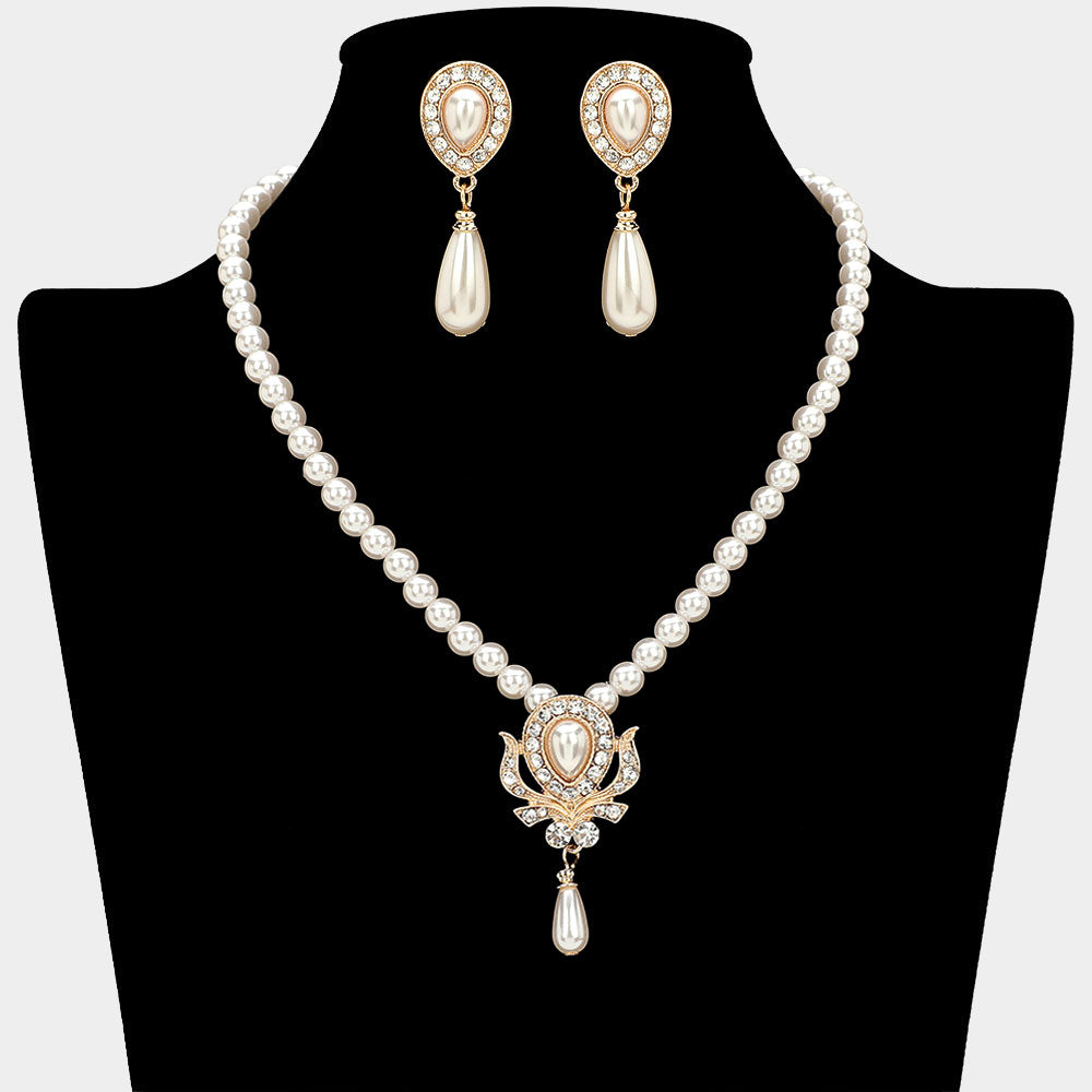 Madeline Love Cream, Gold Pearl Teardrop Dangle Pendant Necklace - Necklaces