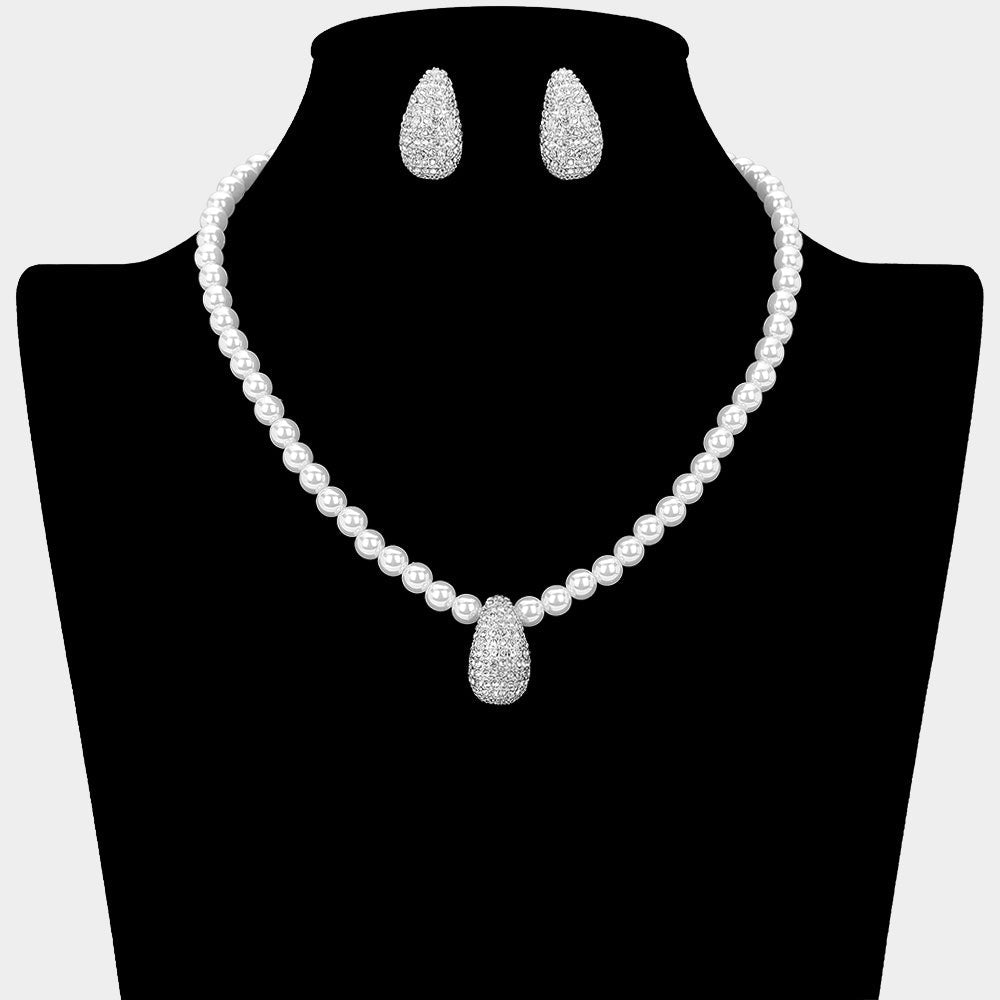 Madeline Love Silver, White Rhinestone Paved Teardrop Pendant Beaded Pearl Necklace - Necklaces