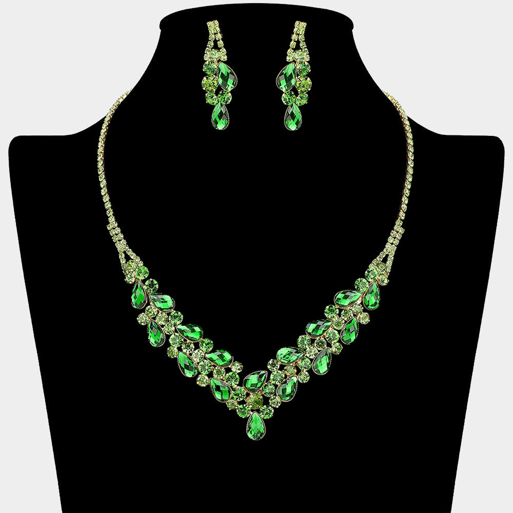 Madeline Love Emerald, Gold Teardrop Stone Cluster Embellished V Shaped Rhinestone Paved Necklace - Jewelry