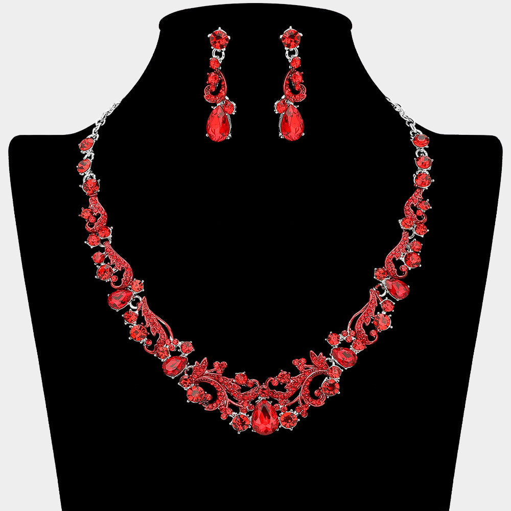 Madeline Love Red, Silver Elegant Teardrop Stone Cluster Accent Rhinestone Embellished Necklace - Jewelry
