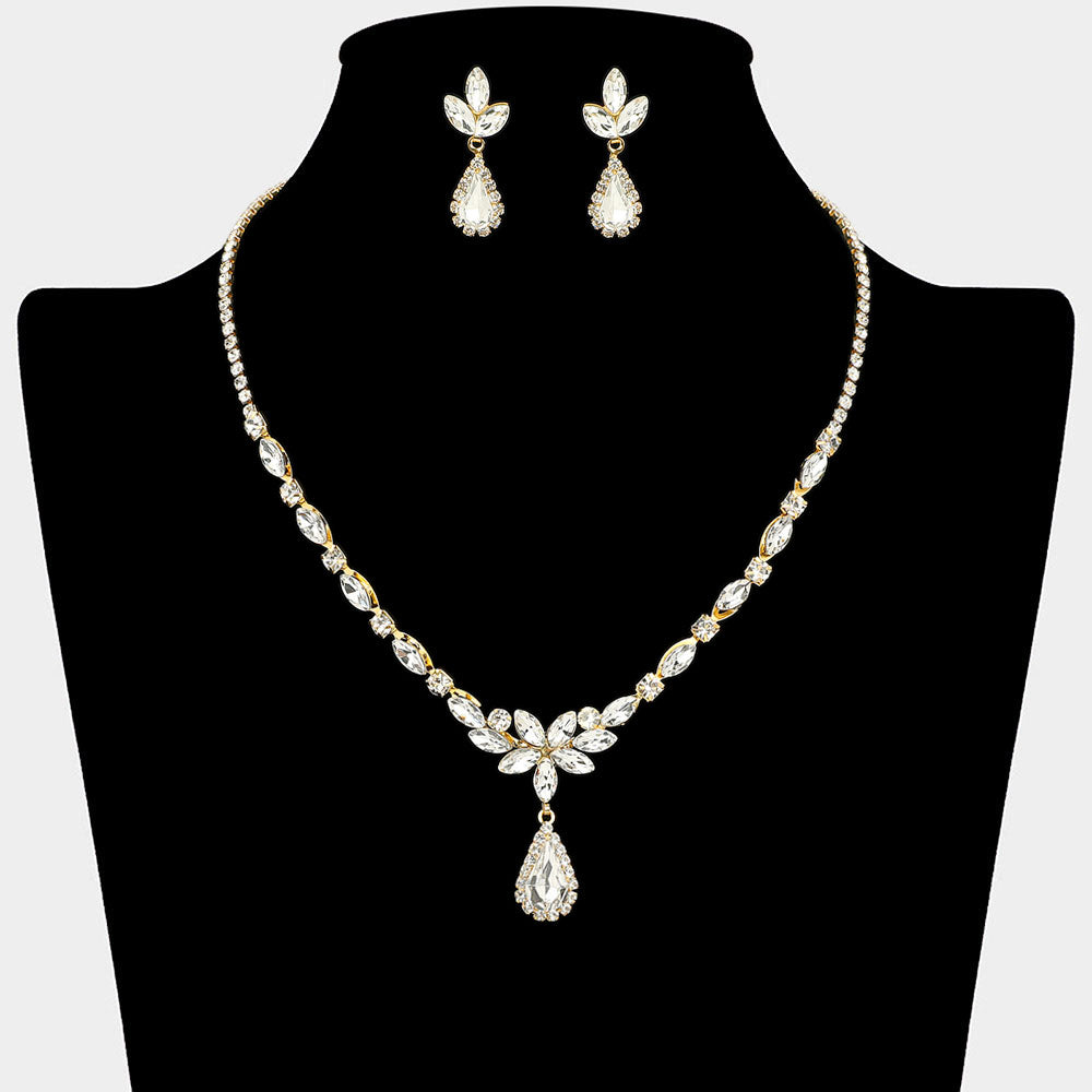 Madeline Love Clear, Gold Teardrop Stone Cluster Pendant Accent Marquise Floral Rhinestone Paved Necklace - Jewelry