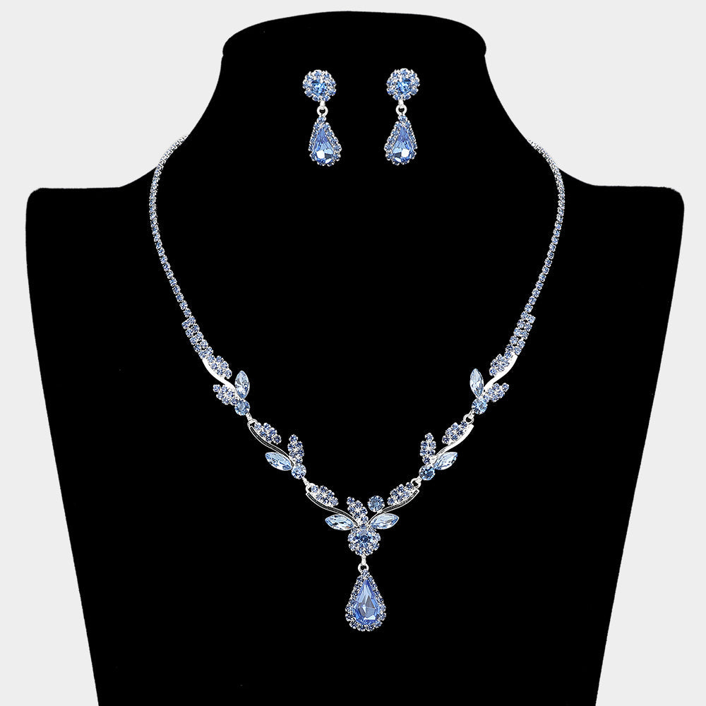 Madeline Love Light, Sapphire, Silver Teardrop Stone Cluster Accent Rhinestone Leaf Branch Necklace - Jewelry