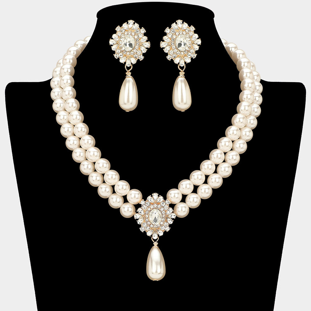 Madeline Love Cream, Gold Glamours Oval Rhinestone Pendant Accent Double Strand Pearl Necklace - Necklaces