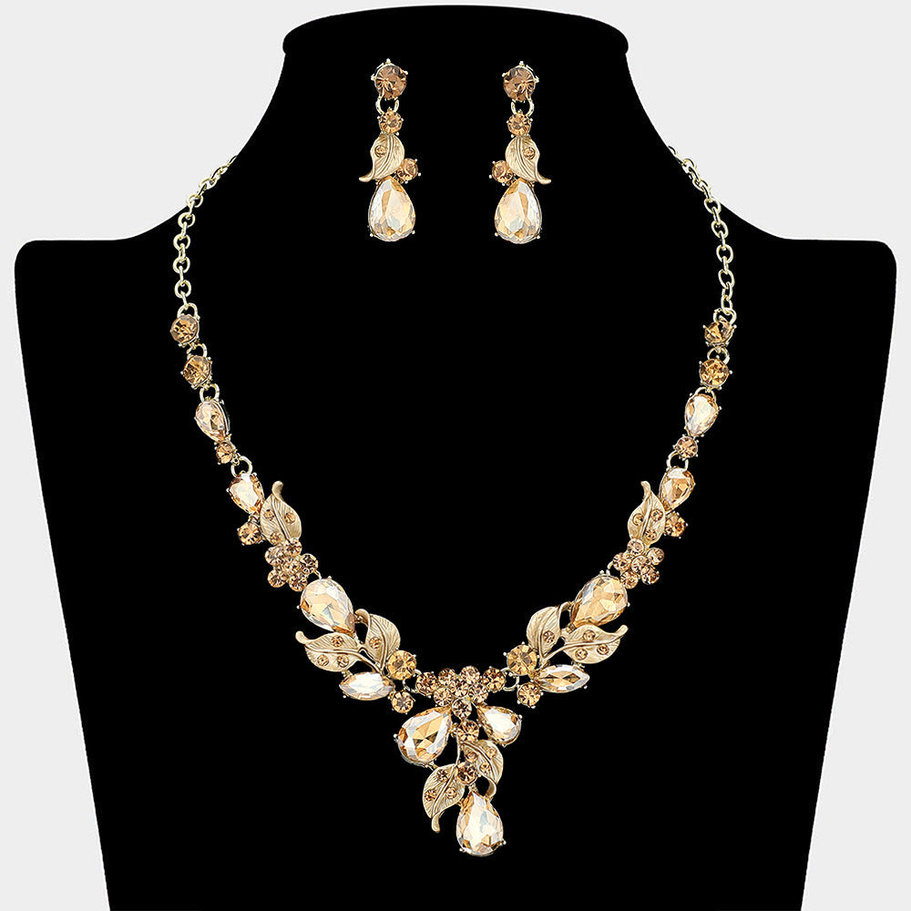 Madeline Love Gold, Lt Col Topaz Teardrop Stone Cluster Leaf Embellished Necklace - Jewelry