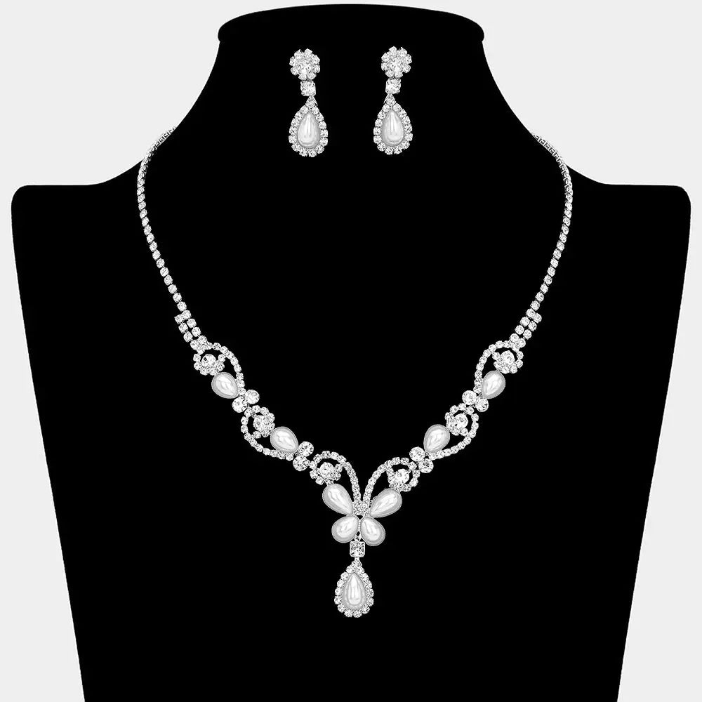 Madeline Love Silver, White Teardrop Pearl Embellished Rhinestone Paved Necklace - Jewelry