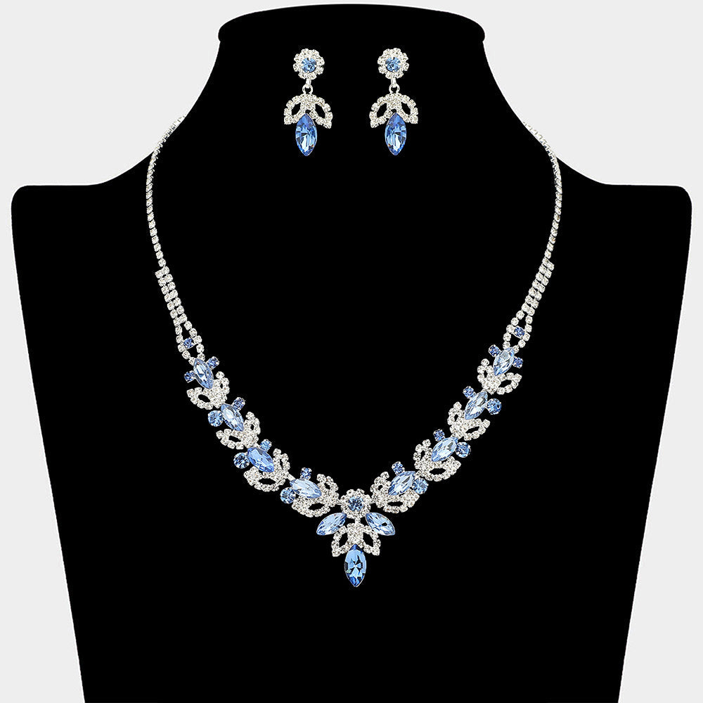 Madeline Love Light, Sapphire, Silver Marquise Stone Cluster Leaf Drop Rhinestone Paved Necklace - Jewelry