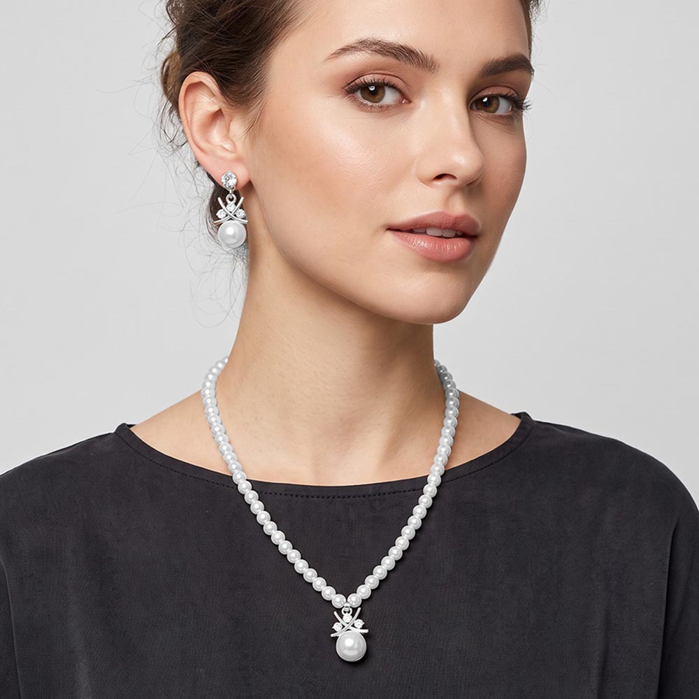 Madeline Love Silver, White Rhinestone Pearl Necklace