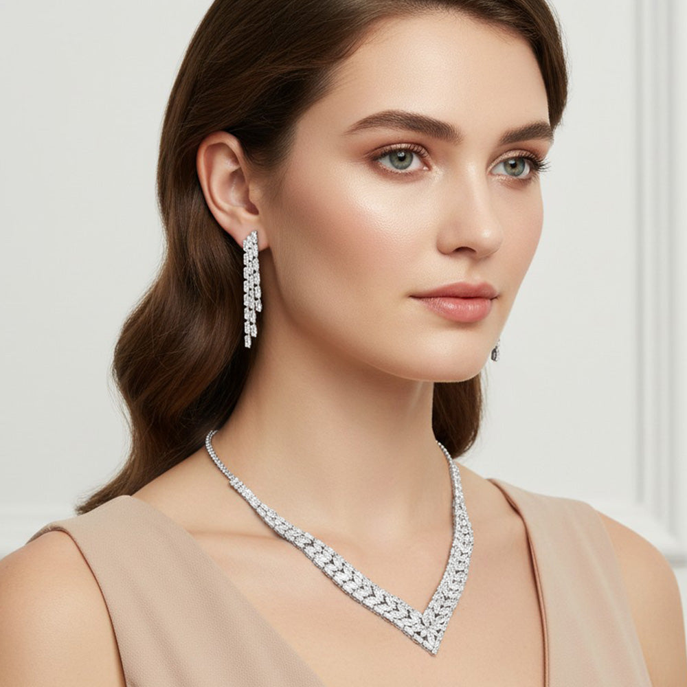 Madeline Love Clear, Silver Marquise CZ Stone Cluster Embellished Rhinestone V Shaped Necklace