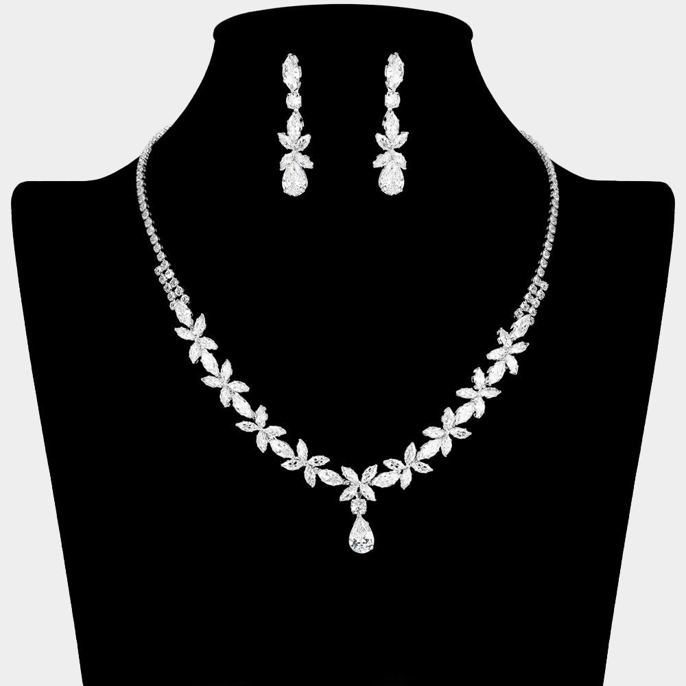 Madeline Love Clear, Silver Floral CZ Cluster Teardrop Rhinestone Necklace