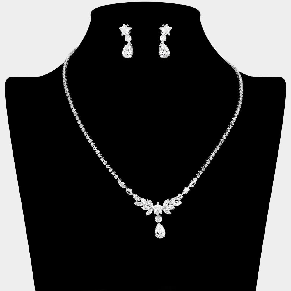 Madeline Love Clear, Silver Star CZ Custer Accent Teardrop Cluster Rhinestone Necklace