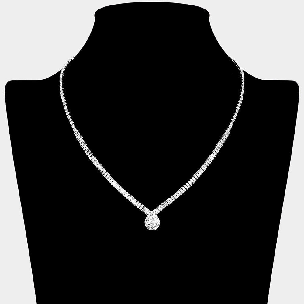 Madeline Love Clear, Silver Teardrop CZ Stone Pendant Accent Baguette Stone Cluster Rhinestone Paved Necklace - Jewelry