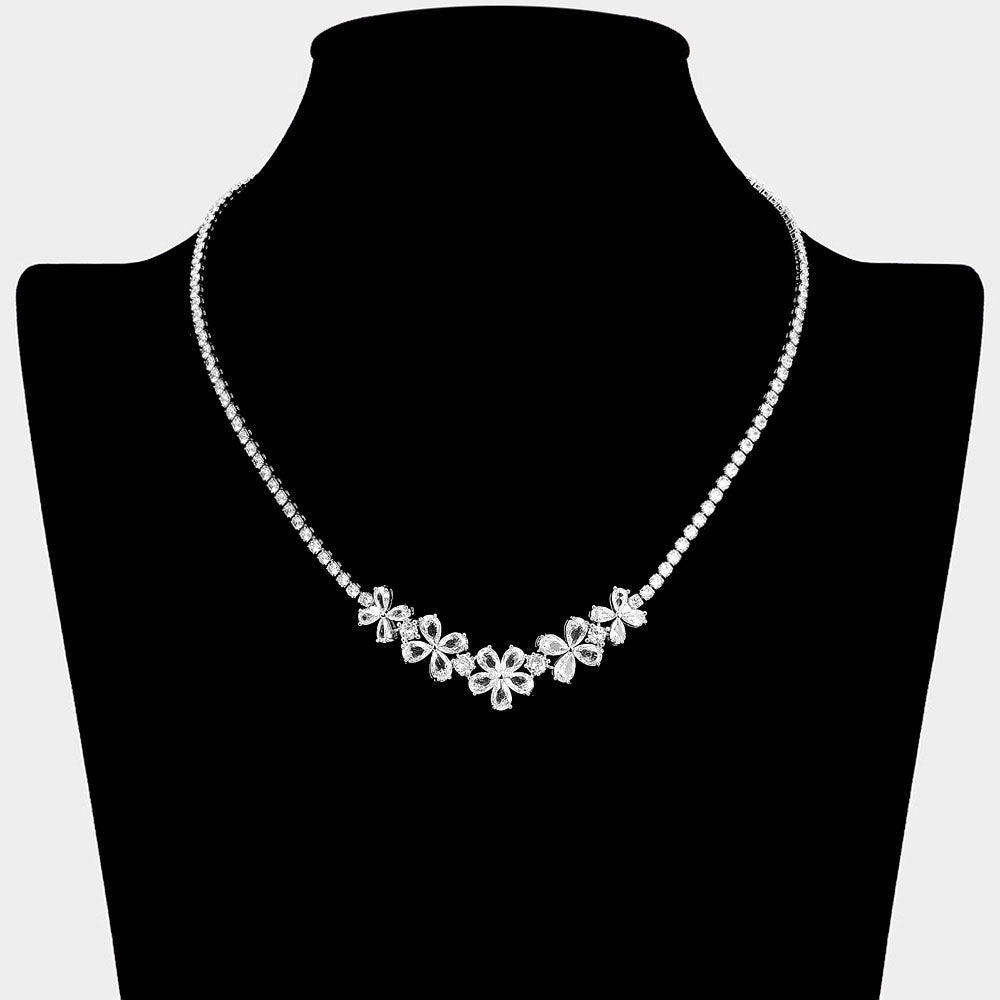 Madeline Love Clear, Silver Floral CZ Stone Cluster Link Accent Rhinestone Paved Necklace - Jewelry