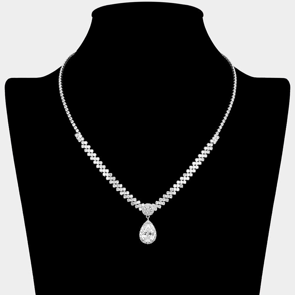 Madeline Love Clear, Silver Teardrop CZ Stone Pendant Accent Rhinestone Paved Necklace - Jewelry