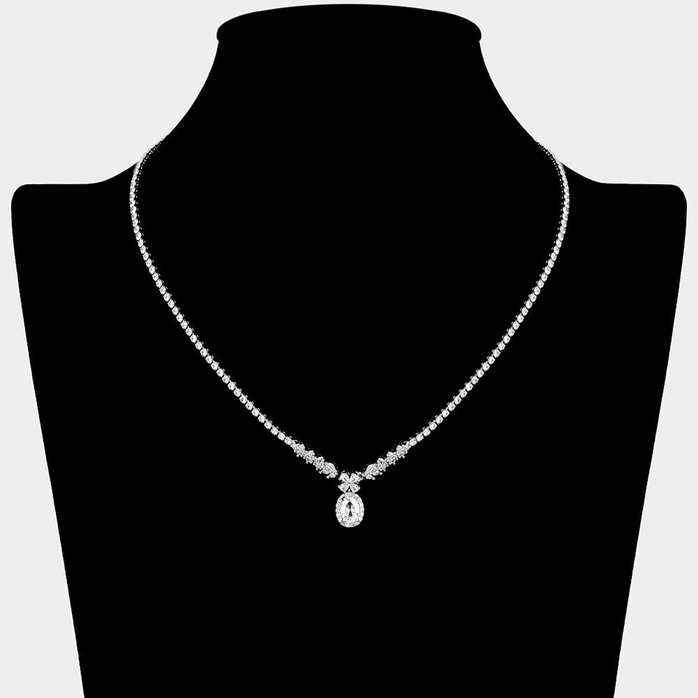 Madeline Love Clear, Silver Floral Oval CZ Stone Cluster Pendant Accent Rhinestone Paved Necklace - Jewelry