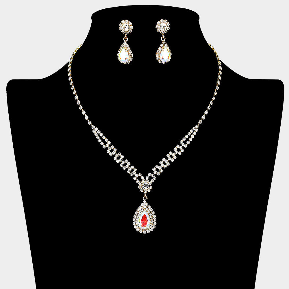 Madeline Love AB, Gold Teardrop CZ Stone Pendant Accented Rhinestone Paved Necklace - Jewelry