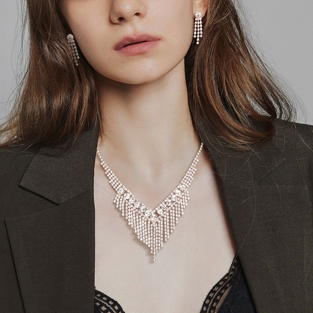 Madeline Love Rose Gold Round Stone Accented Rhinestone Fringe Necklace - Jewelry