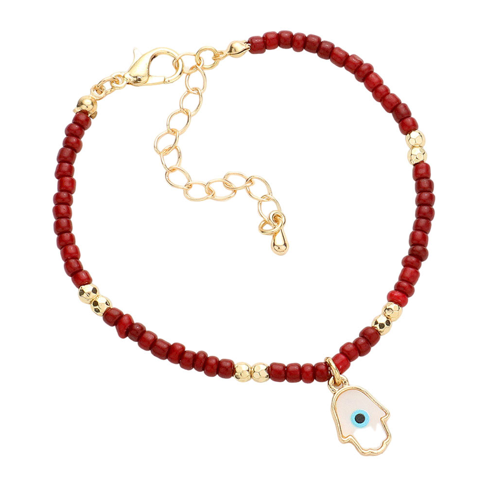 Red Evil Eye Centered Hamsa Hand Charm Seed Beaded Bracelet, these evil eye-centered hamsa hand charm seed beaded bracelets are easy to put on, and take off and so comfortable for daily wear. Awesome gift for birthdays, Valentine’s Day, or any meaningful occasion.