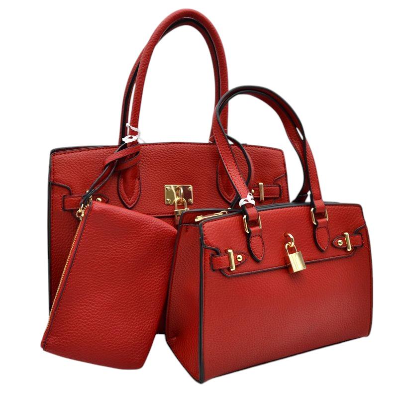 Red-Padlock Accent 3 in 1 Twin Tote-Satchel Value Set includes a wallet for added convenience. With a stylish padlock accent, this set is perfect for everyday use and travel. Made with high-quality materials, it offers durability and functionality. Get both fashion and functionality with this value set.