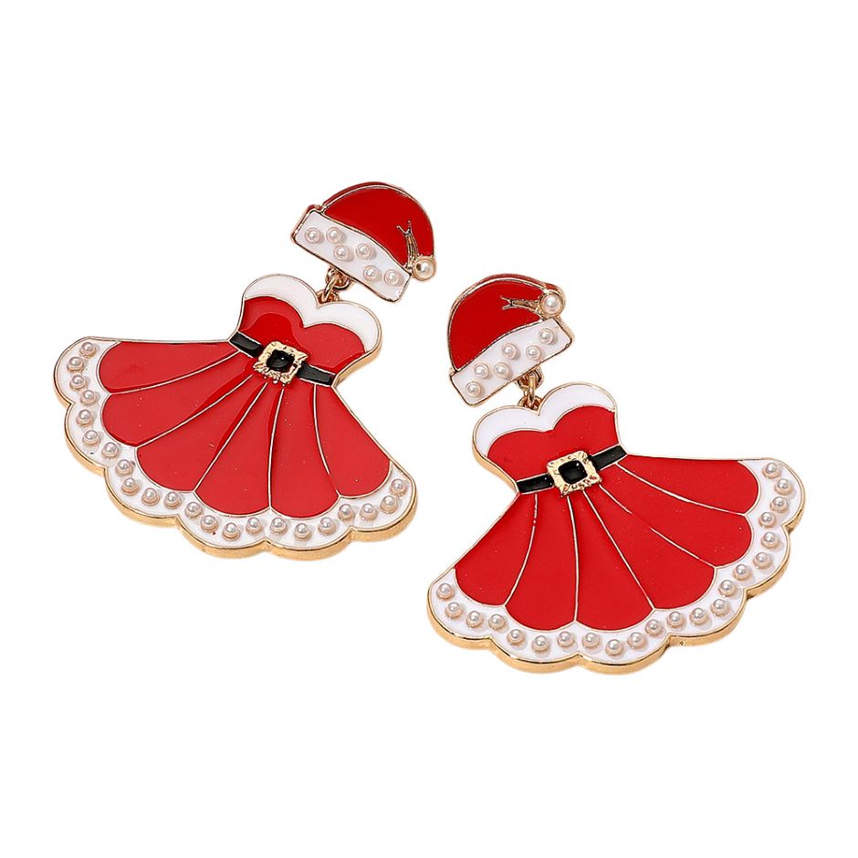 Whimsical holiday earrings featuring glittery dress and hat designs with pearl accents. Perfect for festive events and parties. Crafted from alloy, acrylic, and enamel for a playful seasonal accessory.