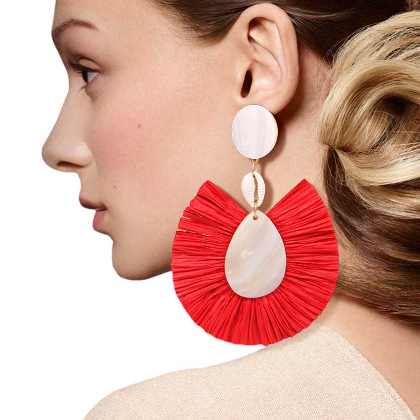 Red Puka Shell Mother of Pearl Teardrop Raffia Trimmed Earrings, adorn yourself with these teardrop raffia trimmed earrings! puka shell mother-of-pearl teardrop earrings go perfectly with a t-shirt, summer dress or work clothes, beach party, and many more.