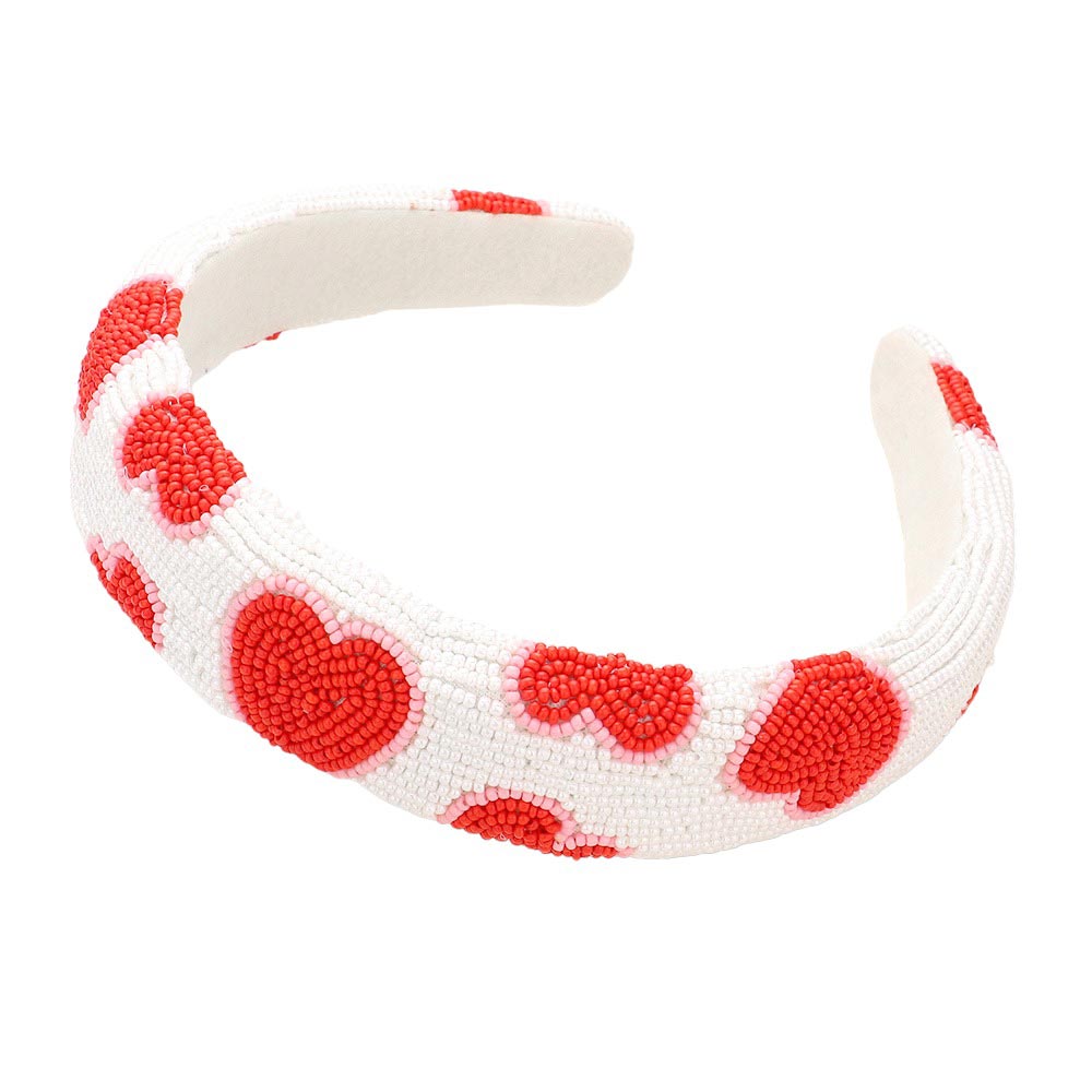 Red Seed Beaded Heart Patterned Padded Headband, features a stunning heart pattern and comfort. Constructed with quality materials, this headband is soft and adjustable for a perfect fit. Show your unique style with this eye-catching accessory. Perfect gift accessory idea for fashion-loving friends and family members.