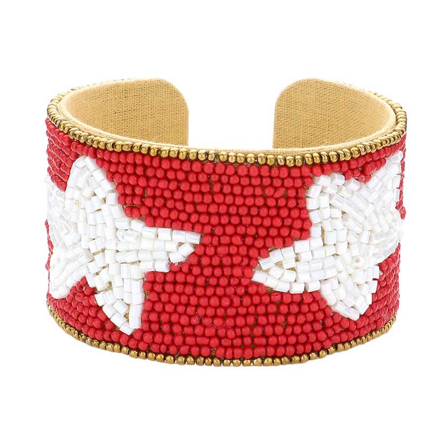 Red White This Game Day Beaded Star Accented Cuff Bracelet adds a stylish touch to any ensemble. The beaded star accents on the cuff give it a unique, eye-catching design, perfect for game day or any day. Wear it to show your support for your favorite team - you're sure to stand out from the crowd.