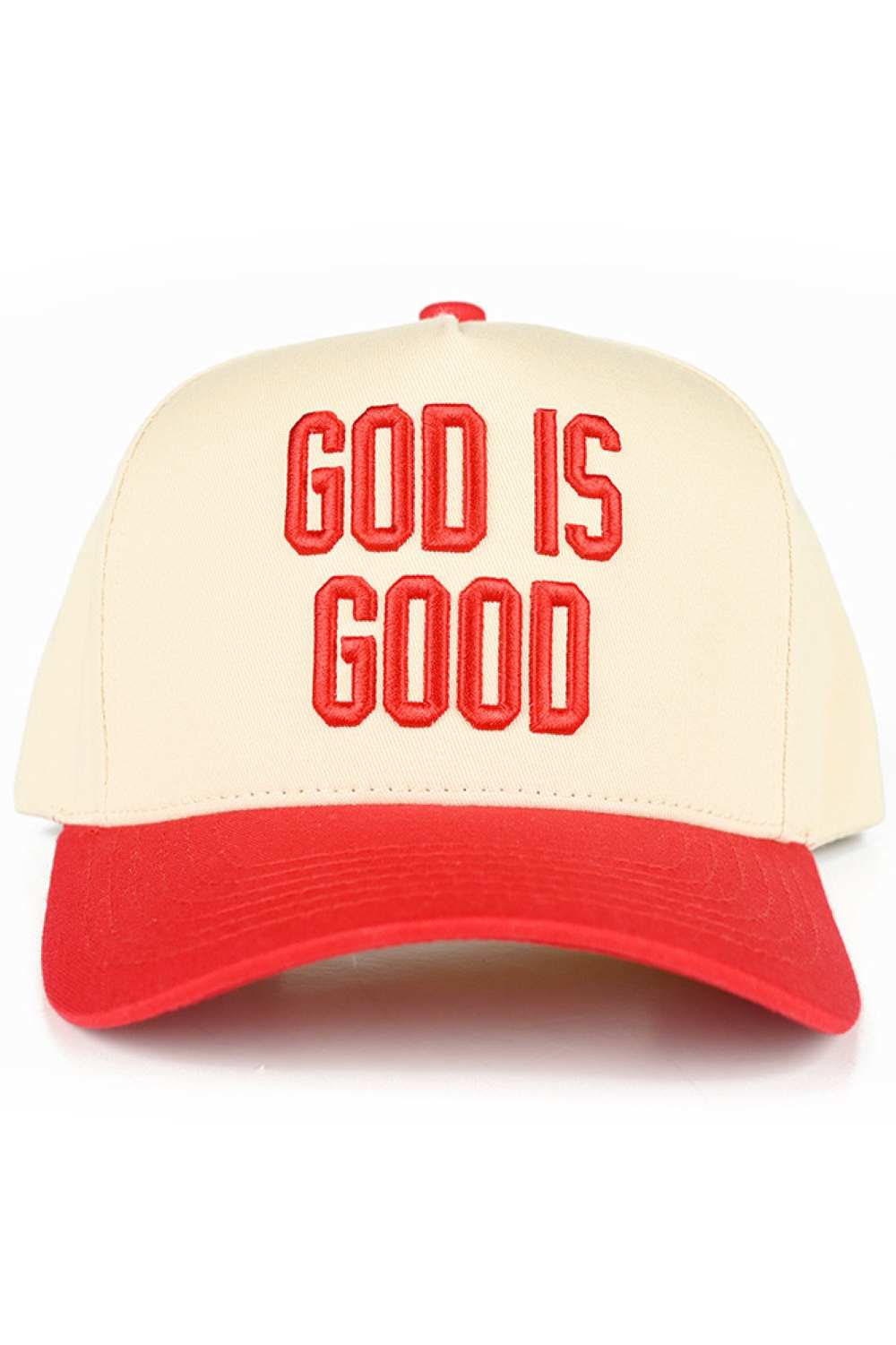Red Elevate your everyday style with this classic two-tone trucker hat featuring "GOD IS GOOD" embroidered lettering. Crafted from 100% cotton for breathability and comfort, this snapback design offers a one-size-fit-all approach with a 22.5" circumference. Perfect for casual outings, outdoor activities, or making a faith-inspired statement. The structured trucker silhouette provides excellent sun protection while maintaining a timeless, versatile look that pairs effortlessly with any wardrobe. Made in Viet