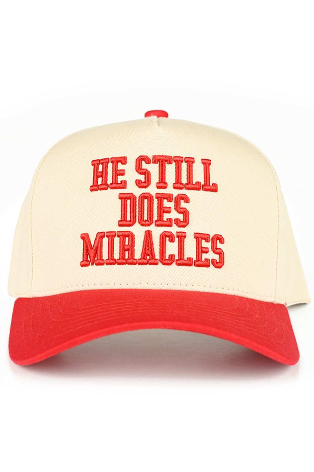 Red C.C HE STILL DOES MIRACLES Embroidered Letter Two Tone Baseball Cap Trucker Hat Snap back closure for adjustable fit. Crafted from 100% cotton for breathability and comfort. Features embroidered lettering on a classic two-tone design. One size fits most with a 22.5" circumference. 