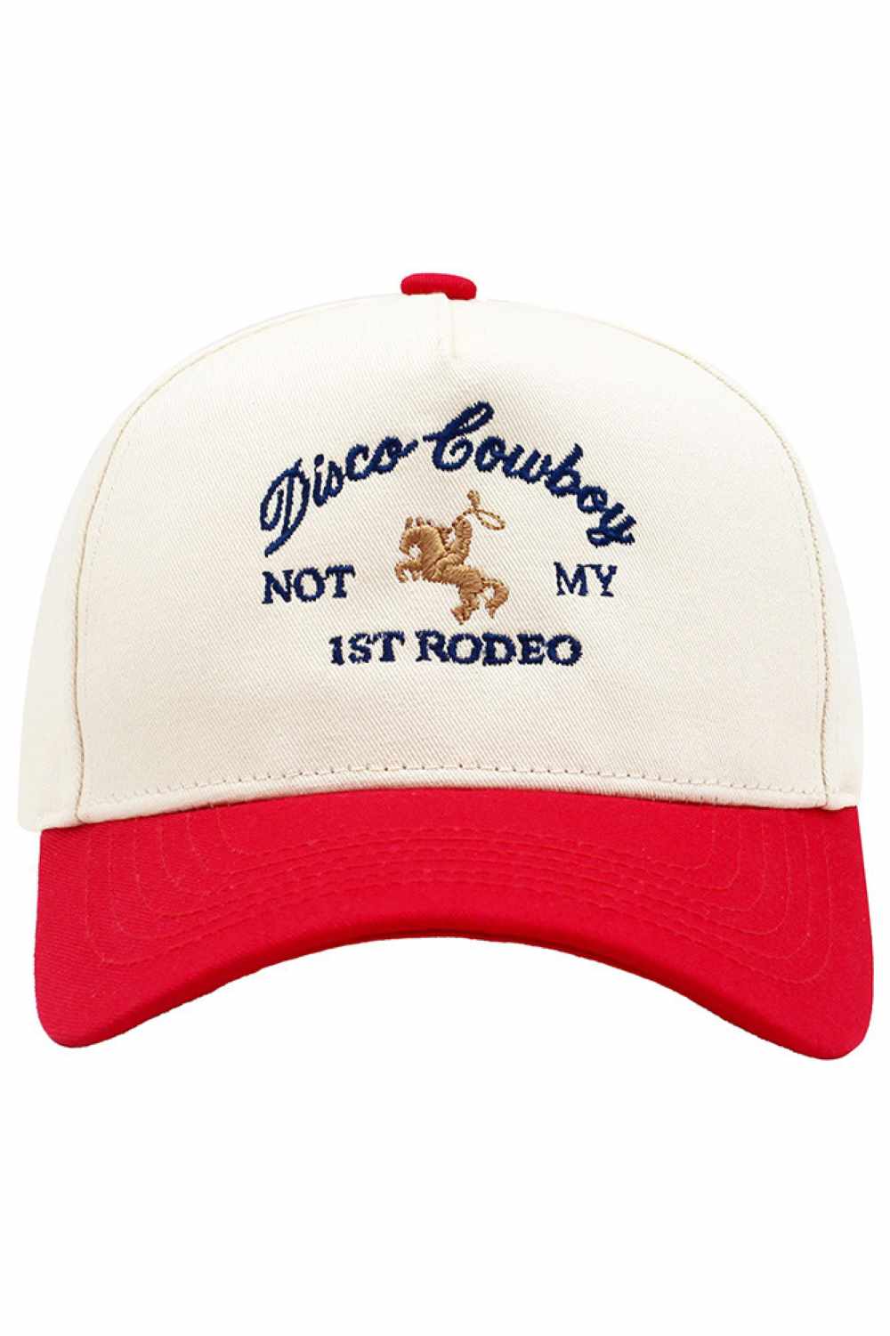 Red Step into retro vibes with this DISCO COWBOY embroidered baseball cap. Featuring bold lettering on a classic two-tone design, it's the perfect statement piece for music lovers and vintage enthusiasts. Crafted from 100% cotton for breathable comfort all day long. One size fits most. Made in China.