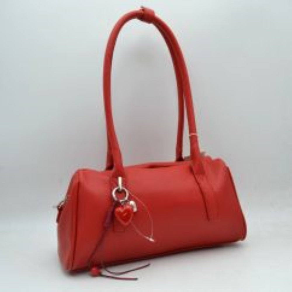 Red Bring timeless sophistication to your wardrobe with this sleek, east-west structured shoulder bag. Designed with a clean silhouette, this bag features an extended rectangular body with subtle, textured grain details that offer a refined look. The dual tall shoulder straps are engineered to sit comfortably over the arm, making it an ideal option for effortless daily carrying. Adding a touch of playful elegance, a polished metallic ring hangs from the front handle base, featuring a charming layered heart