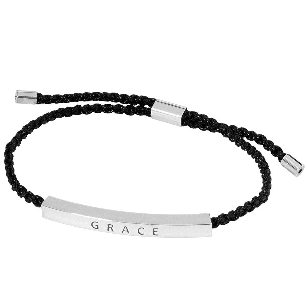 Rhodium-White Gold Dipped GRACE Message Bar Pointed Rope Adjustable Cinch Pull Tie Bracelet, Perfect accessory to elevate any outfit. Its adjustable cinch pull tie allows for a comfortable and secure fit, while the message bar adds a touch of inspiration. Made with high-quality materials and expert craftsmanship, this bracelet is a must-have for any fashion-forward individual.