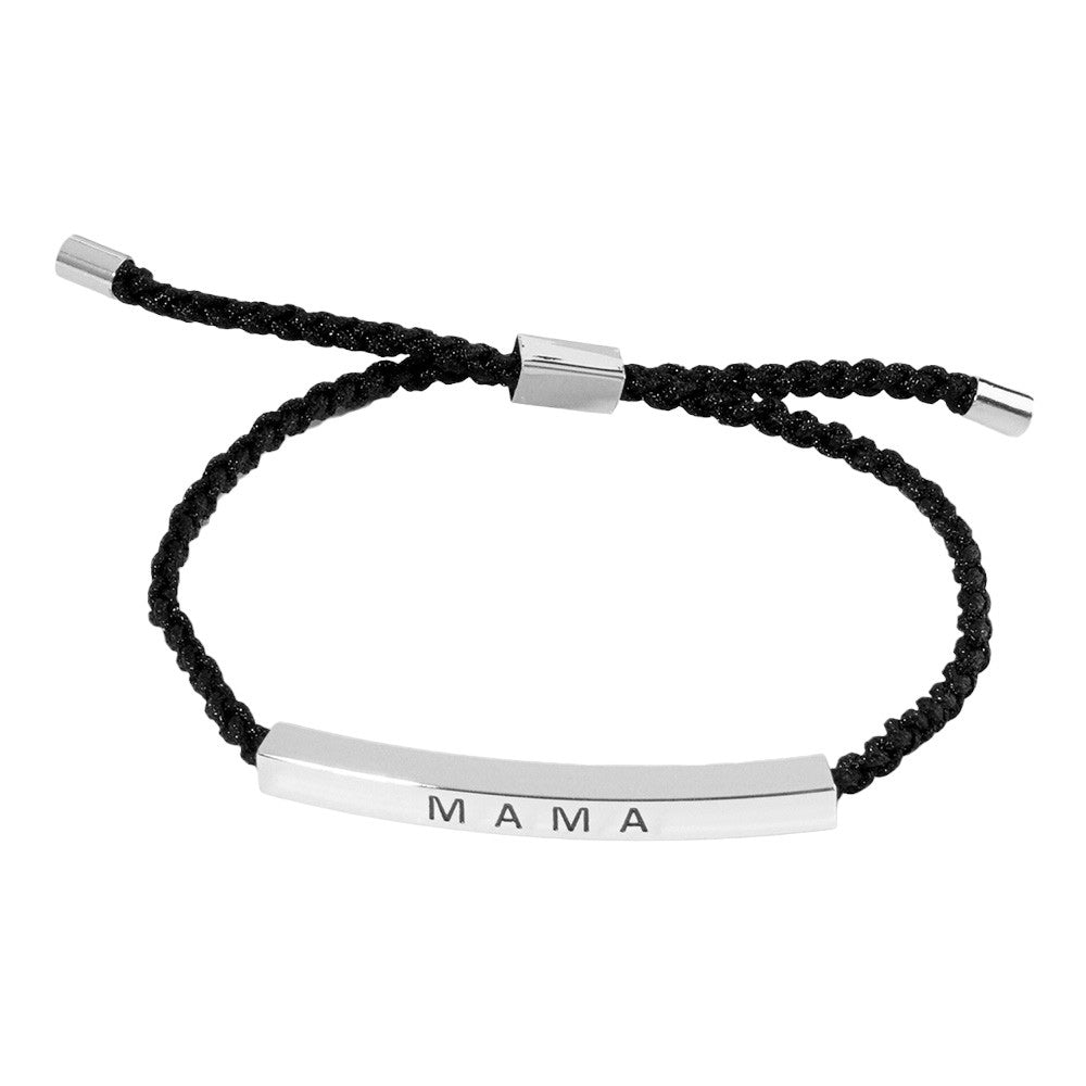 Rhodium-Gold-Dipped MAMA Message Bar Pointed Rope Adjustable Bracelet is perfect for any mother looking to add some style to her accessories. With the adjustable rope design and sleek message bar, this bracelet is both fashionable and meaningful. Show off your love for motherhood with this unique piece.