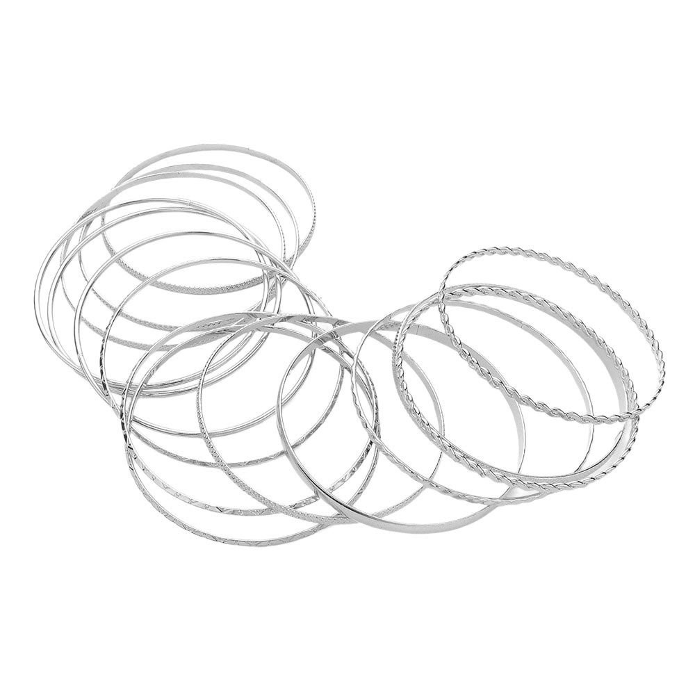 Rhodium 15PCS Layered Multi Metal Bangle Bracelets, Get ready to layer up with these 15 playful and unique Multi Metal Bangle Bracelets! The perfect addition to any outfit, these bracelets will add a touch of quirkiness and fun to your look. Mix and match to create a statement or wear individually for a simple stylish touch.