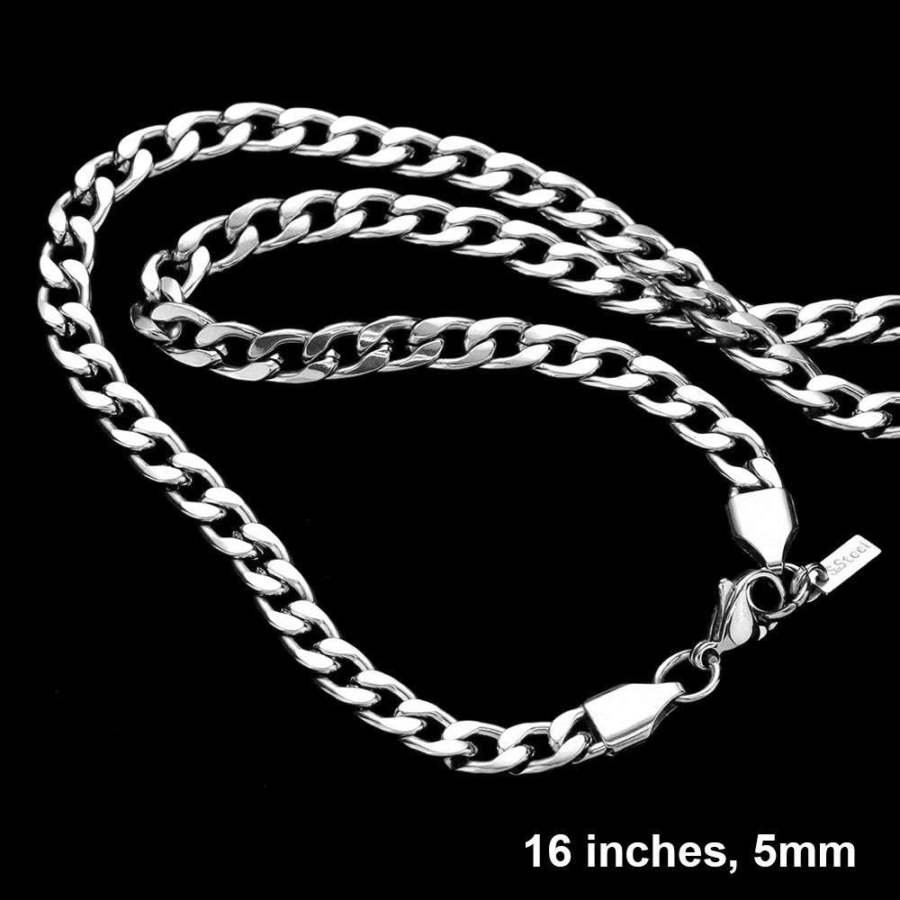 Rhodium16 INCH, 5mm Stainless Steel Cuban Chain Necklace is a versatile and durable accessory for any style. Made of high-quality stainless steel, it is resistant to tarnishing and comfortable to wear. The 5mm width adds a sleek and modern touch. Elevate your look with this expertly crafted chain.