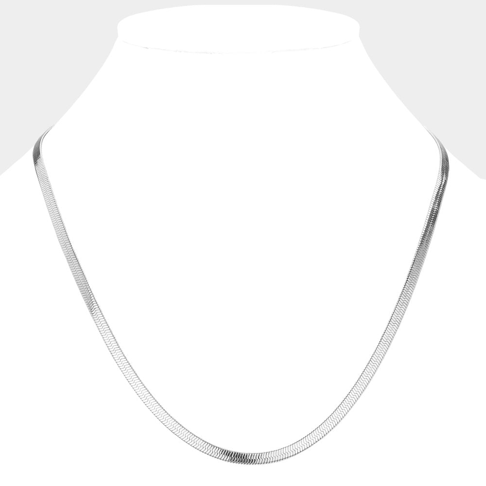 Rhodium 8-inch, 5mm stainless steel herringbone chain necklace combines durability and style. Expertly crafted for a classic and sleek look, it is a versatile accessory for any outfit. The strong and high-quality stainless steel material ensures long-lasting wear, making it a perfect choice for everyday wear.