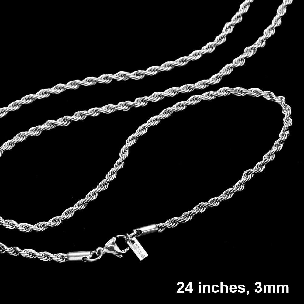 Rhodium 24-inch stainless steel rope chain necklace is the perfect accessory for any outfit. With a thickness of 3mm, it offers a sleek and sturdy design that will last. Elevate your style with this timeless piece that is both versatile and fashionable.