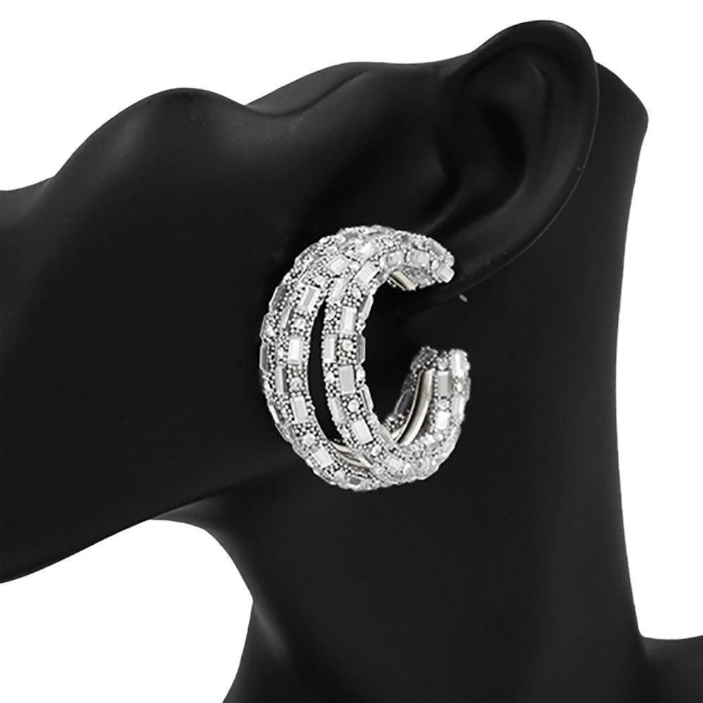 Bling Rectangle Stone Split Hoop Earrings - Earrings