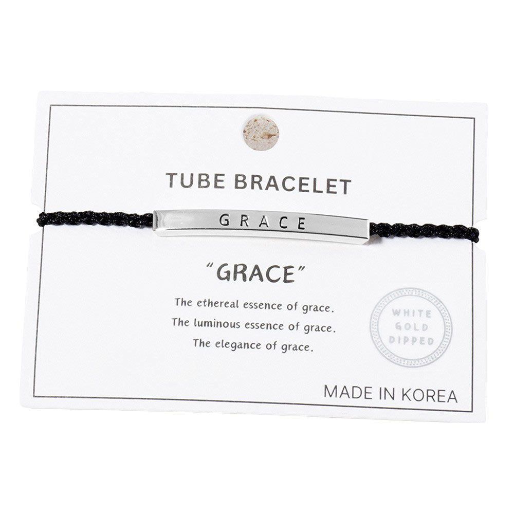 Rhodium-Gold-Dipped GRACE Message Bar Pointed Rope Adjustable Cinch Pull Tie Bracelet, Perfect accessory to elevate any outfit. Its adjustable cinch pull tie allows for a comfortable and secure fit, while the message bar adds a touch of inspiration. Made with high-quality materials and expert craftsmanship, this bracelet is a must-have for any fashion-forward individual.