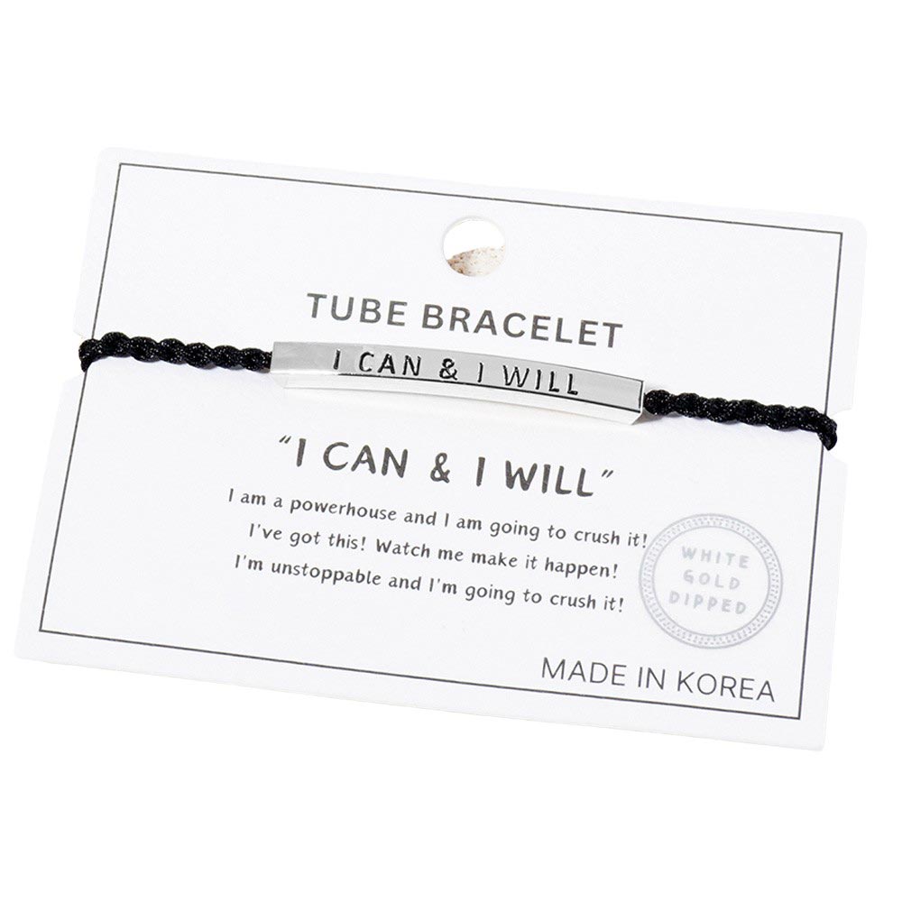Rhodium-Gold-Dipped I CAN I WILL Message Bar Pointed Rope Adjustable Cinch Pull Tie Bracelet. This Pull Tie Bracelet is a stylish and versatile accessory that will remind you to stay motivated and positive. The adjustable cinch pull tie design allows for a perfect fit,while the dipped white gold adds a touch of elegance