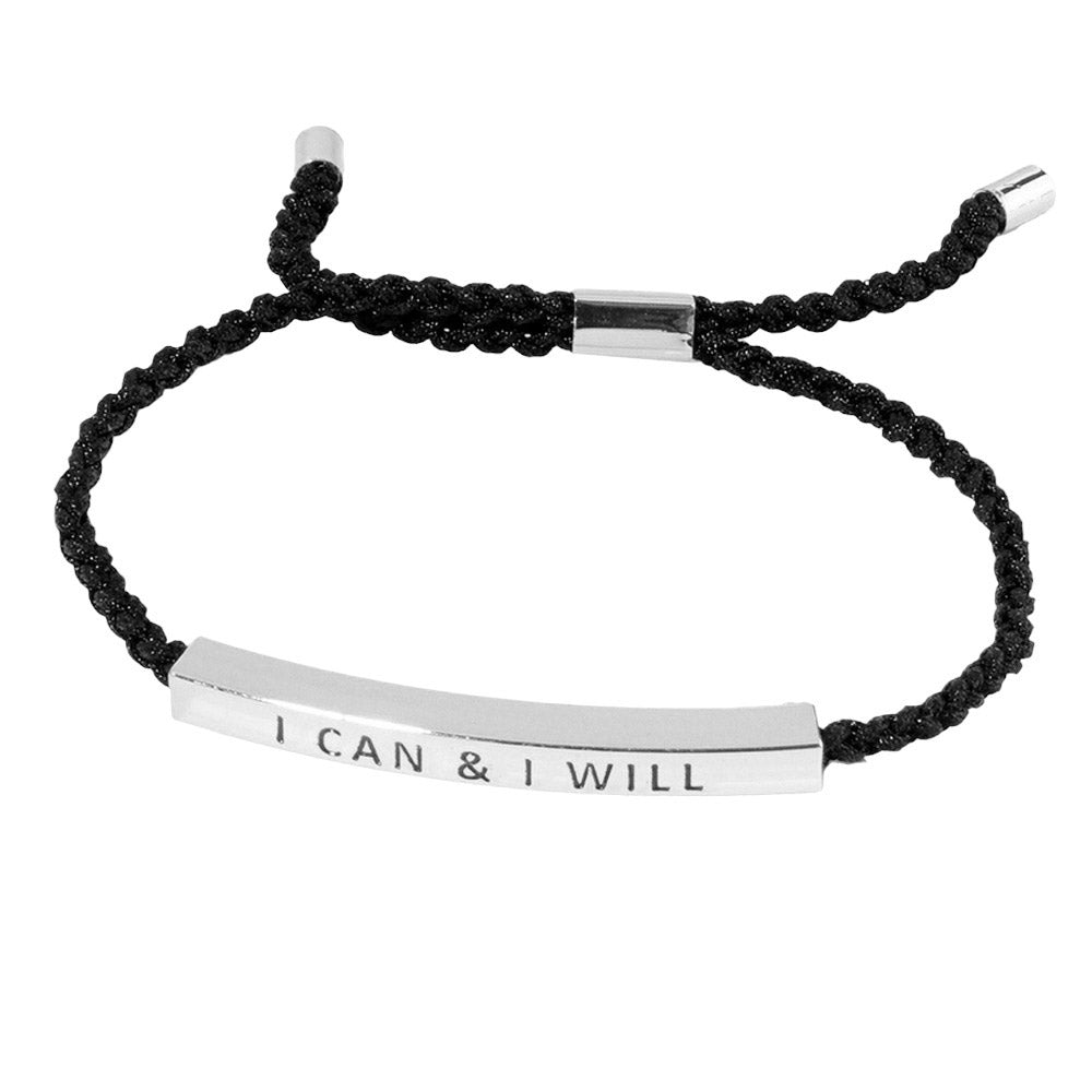 Rhodium-Gold-Dipped I CAN I WILL Message Bar Pointed Rope Adjustable Cinch Pull Tie Bracelet. This Pull Tie Bracelet is a stylish and versatile accessory that will remind you to stay motivated and positive. The adjustable cinch pull tie design allows for a perfect fit,while the dipped white gold adds a touch of elegance