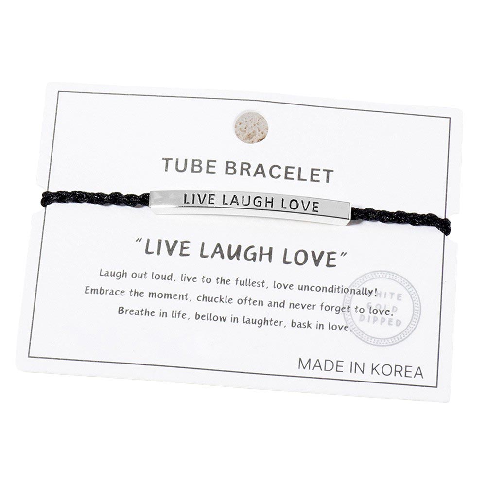 Rhodium-Gold-Dipped LIVE LAUGH LOVE Message Bar Pointed Rope Adjustable Cinch Pull Tie Bracelet, adjustable design allows for a perfect fit while the message of positivity adds a touch of motivation to any outfit. Made from quality materials, this bracelet is a stylish reminder to live, laugh, and love.