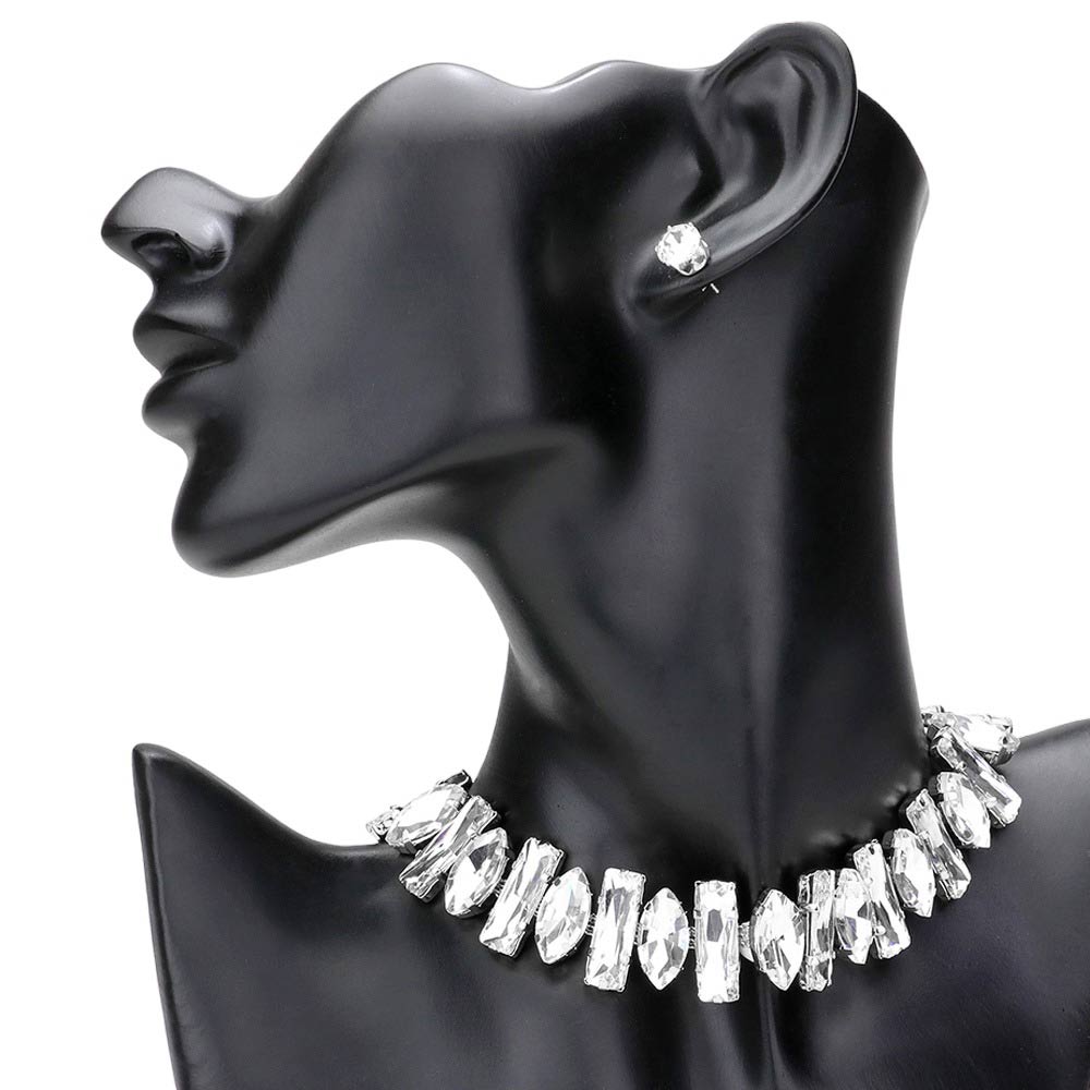 Rhodium Irregular Stone Cluster Evening Jewelry Set, is made with unique stones to add a chic touch to any special occasion look. Crafted from a mix of stones in different shapes and sizes, the set stands out with its bold and eye-catching design. Perfect gift idea on birthdays, anniversaries, or any meaningful day.
